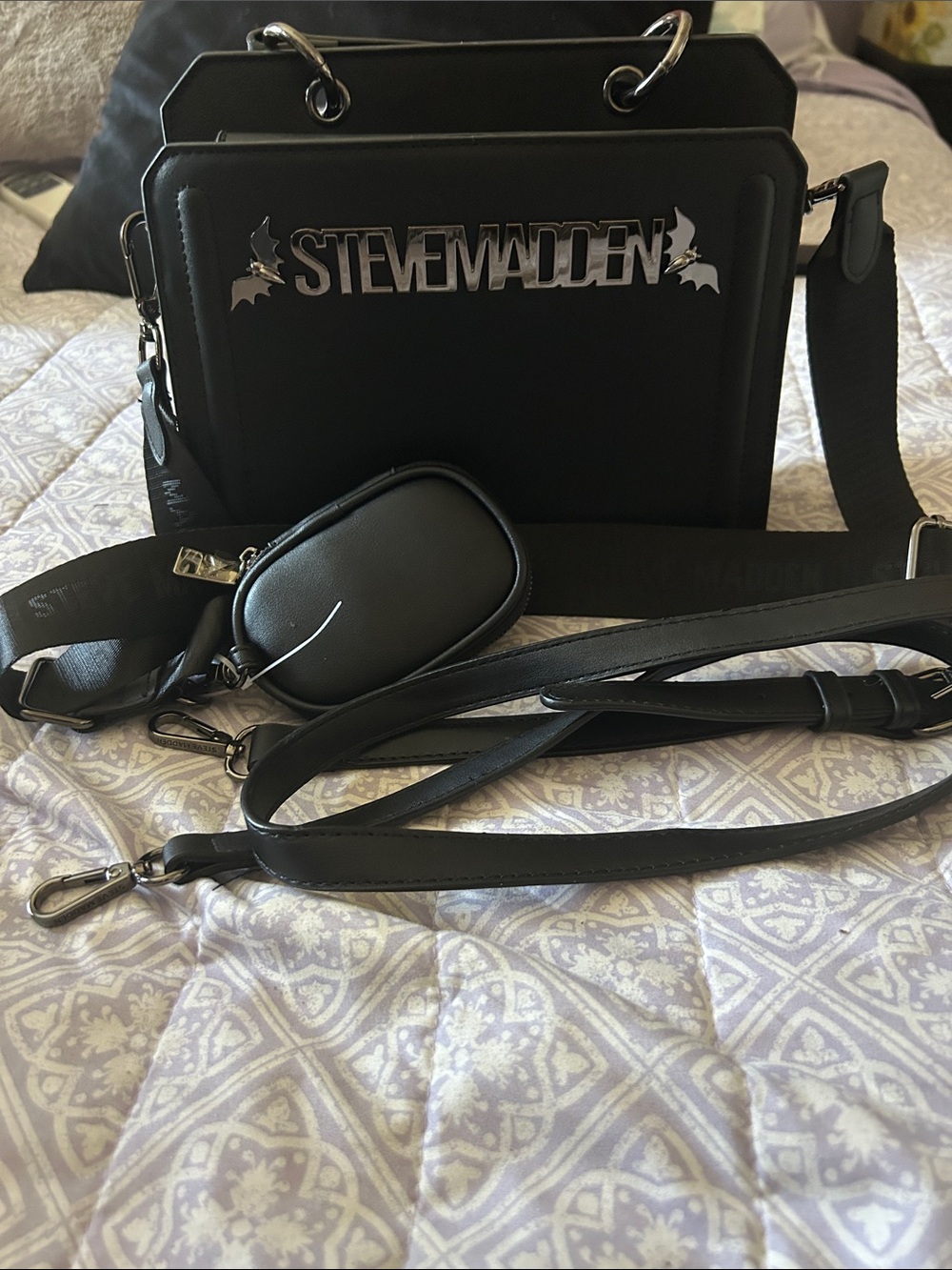 Steve Madden Black Box Messenger Bag with Detachable Pouch